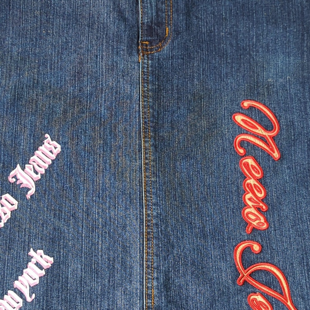 Neeso Jeans New York Denim Maxi Skirt Blue Embroidered Graphic Americana Size 15 - Picture 8 of 8